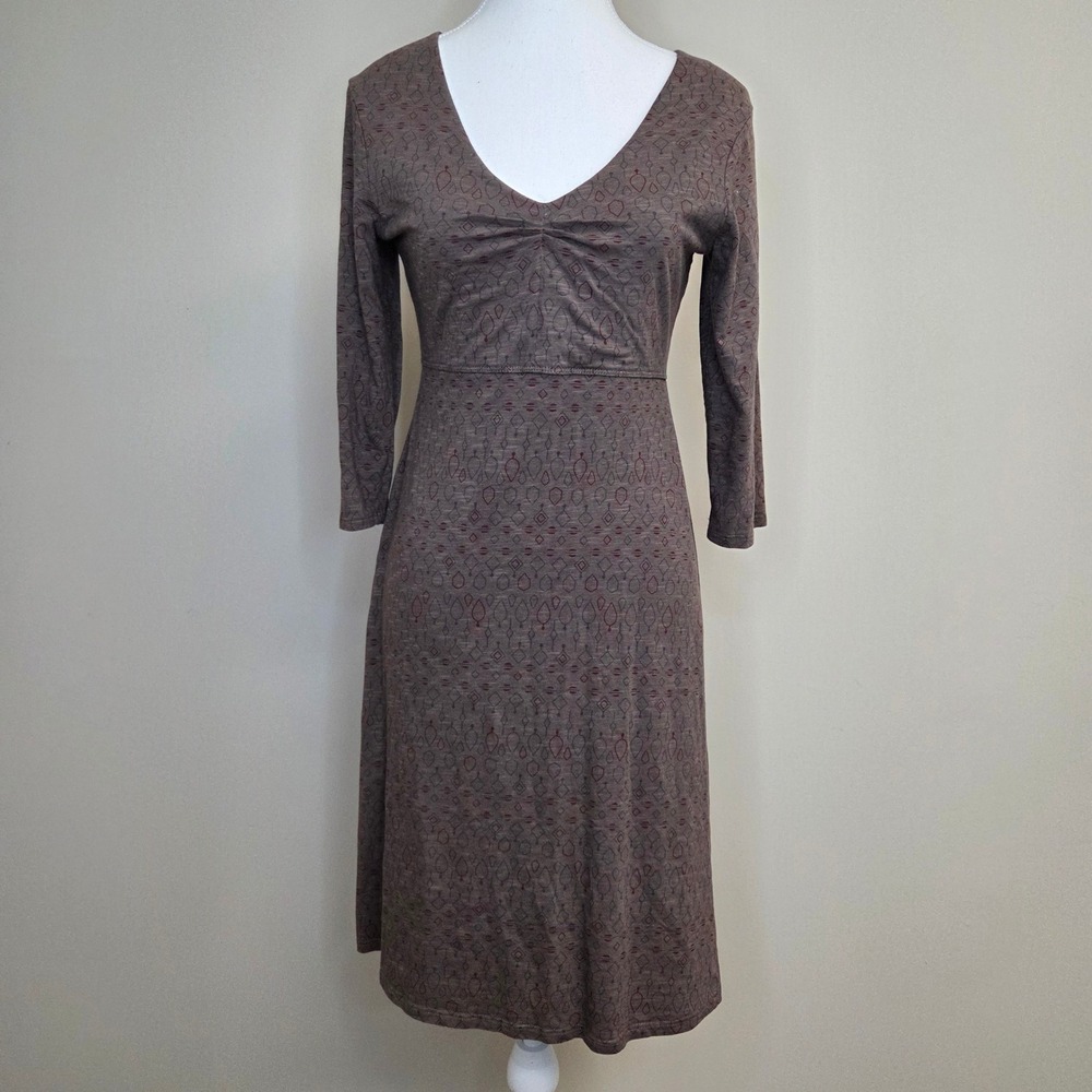 Toad&Co Womens Small Brown Geometric Print V-Neck Empire Waist A-Line Dress